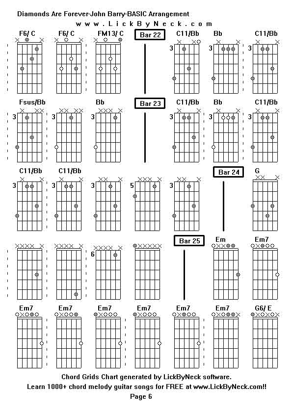 Chord Grids Chart of chord melody fingerstyle guitar song-Diamonds Are Forever-John Barry-BASIC Arrangement,generated by LickByNeck software.